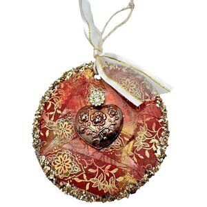 Handcrafted Ornament OOAK Collage Heart Crystal Gold Red Accents 3" Ribbon